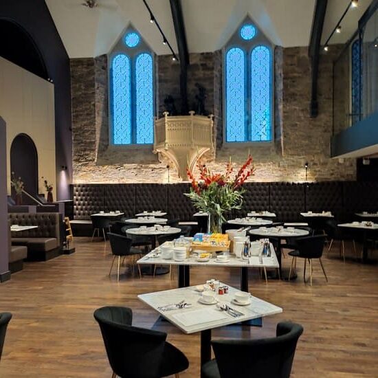 Restaurant of Bodmin Jail Hotel situated in old chapel