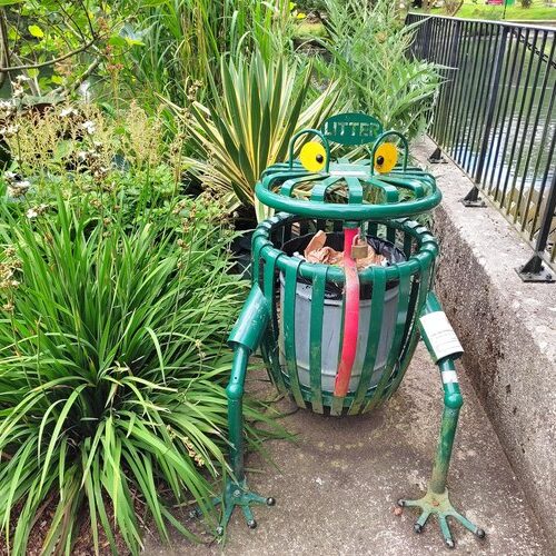 Funny-looking trash can in the shape of a frog on Bodmin Treasure Trail