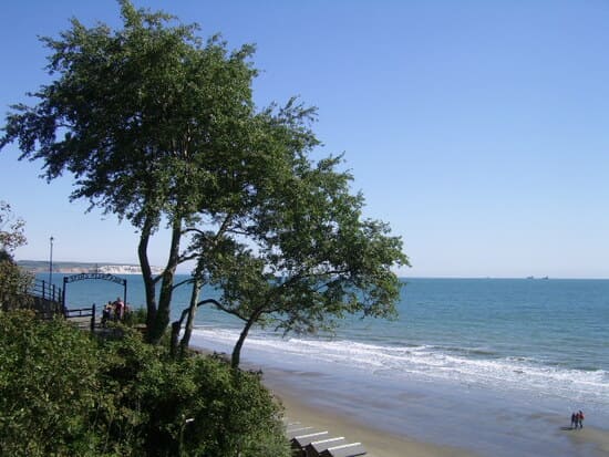 Beach with huts seen from Shanklin Chine