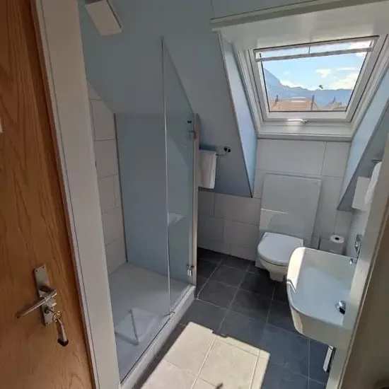 Bathroom with shower and skylight at Hotel Post Hardermannli