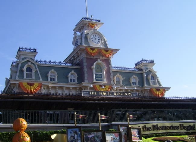 Train Station decorated with Halloween pumpkins at Magic Kingdom