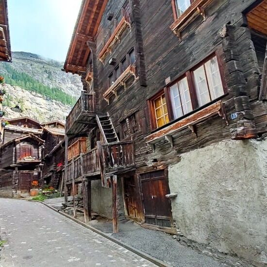 Crooked, wooden houses in the old part of Zermatt