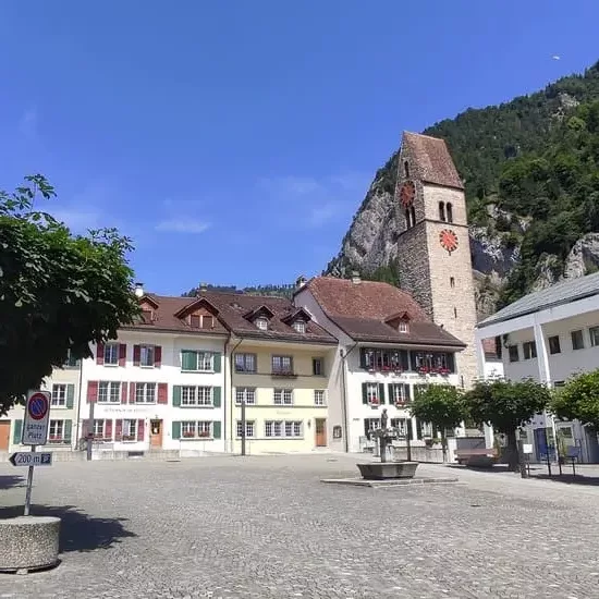 Small church and Swiss Houses in Unterseen