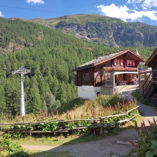 Mountain Hut restaurant on meadow with trees in background