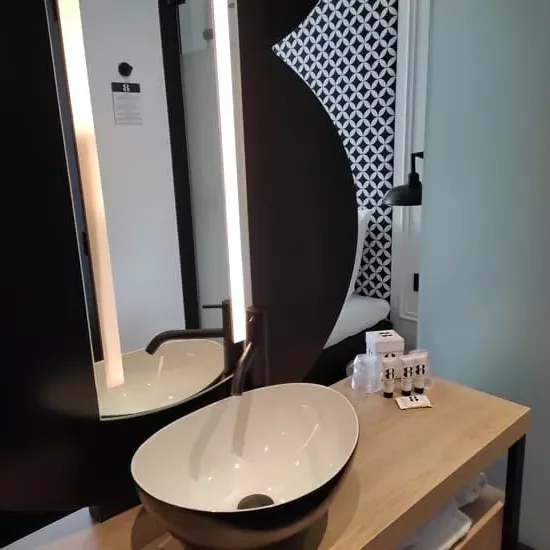 Table with sink and toiletries