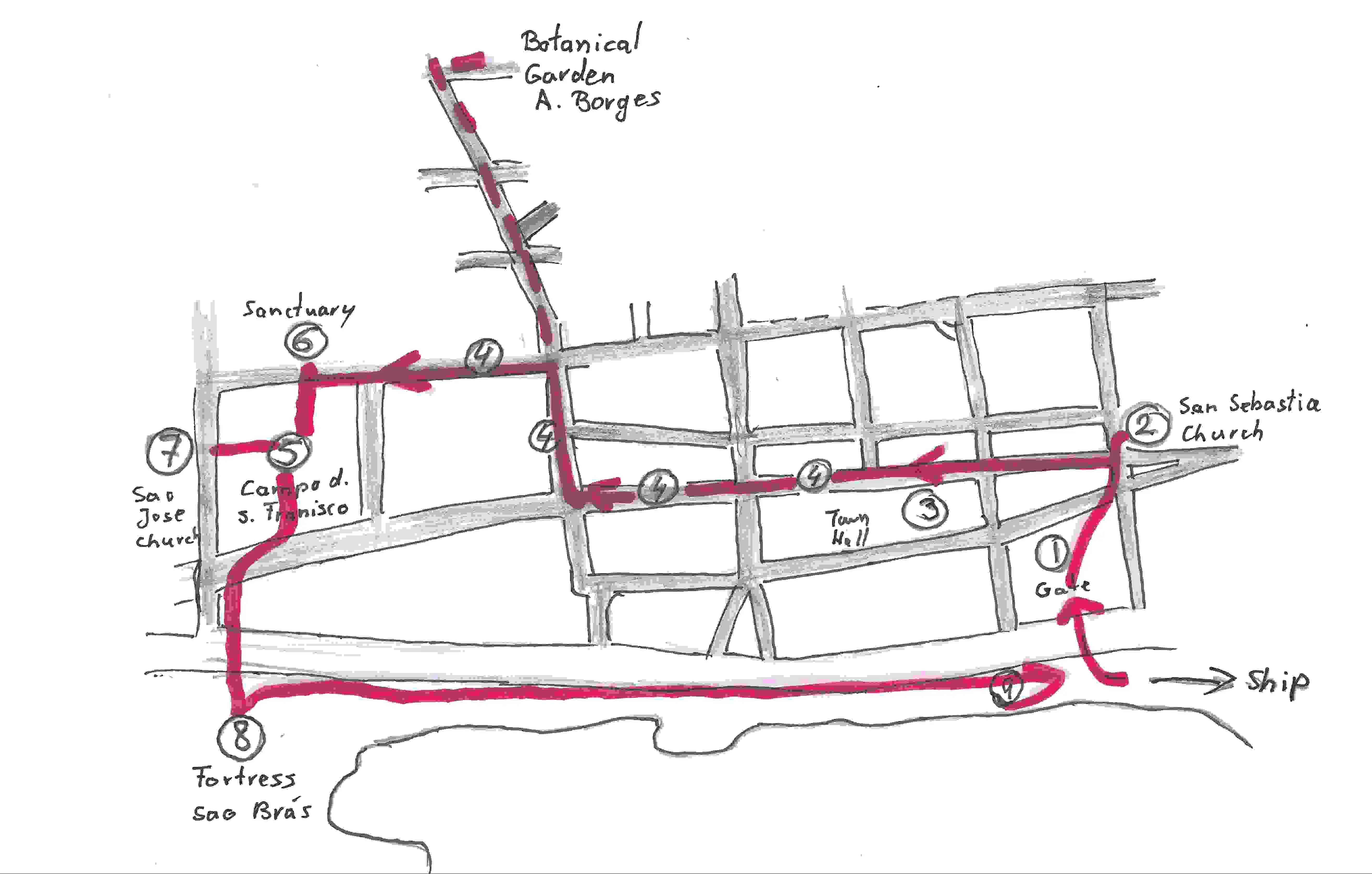 Handdrawn map of route for Ponta Delgada walk