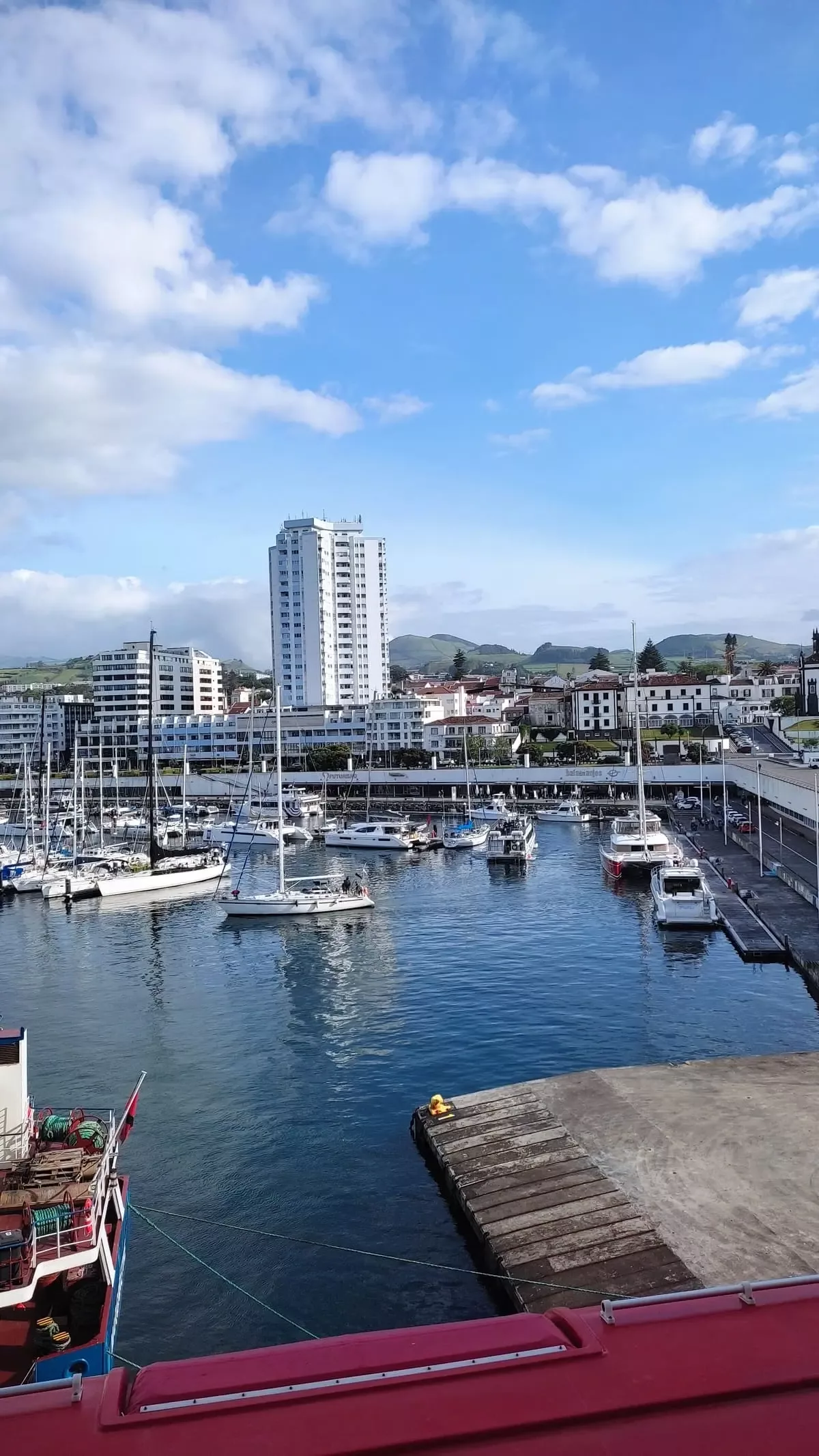 Sao Miguel's hills in distance seen from port in Ponta Delgada