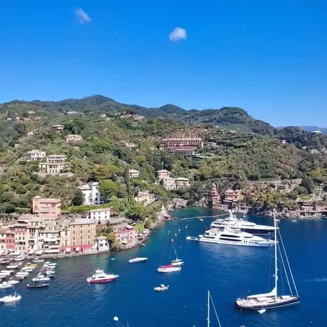 View of Portofino from the hill. Small boats and luxurious yachts dot the dark blue sea.