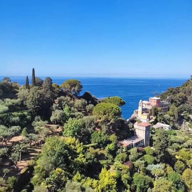 View out to sea with Mediterranean trees and shrubs on the hills and old Italian buildings