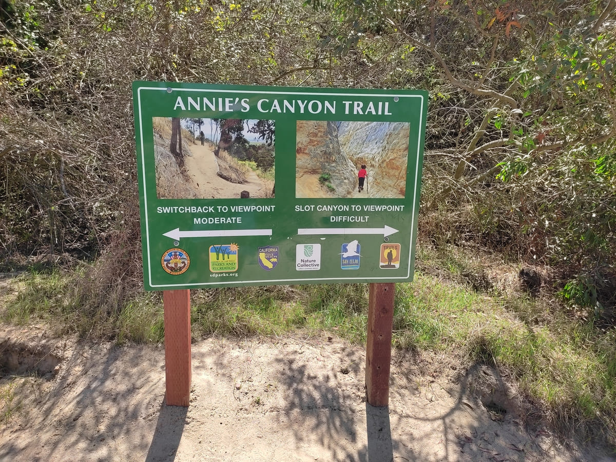Large green side at which hikers have to choose between moderate and difficult path to the Annie's Canyon Trail viewpoint