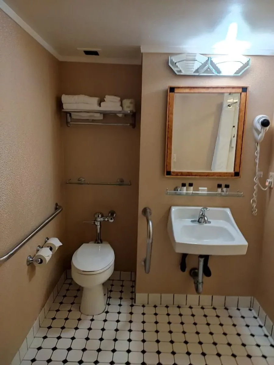 Bathroom with black and white tiled floor, brown walls, and an old-fashioned mirror on Queen Mary.