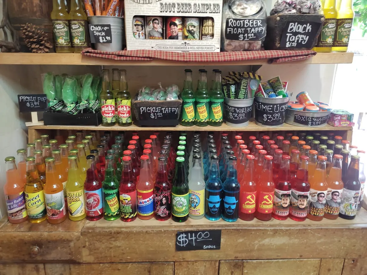 Colorful display of Mexican sodas and pickle treats in one of the quirky shops of Old Town