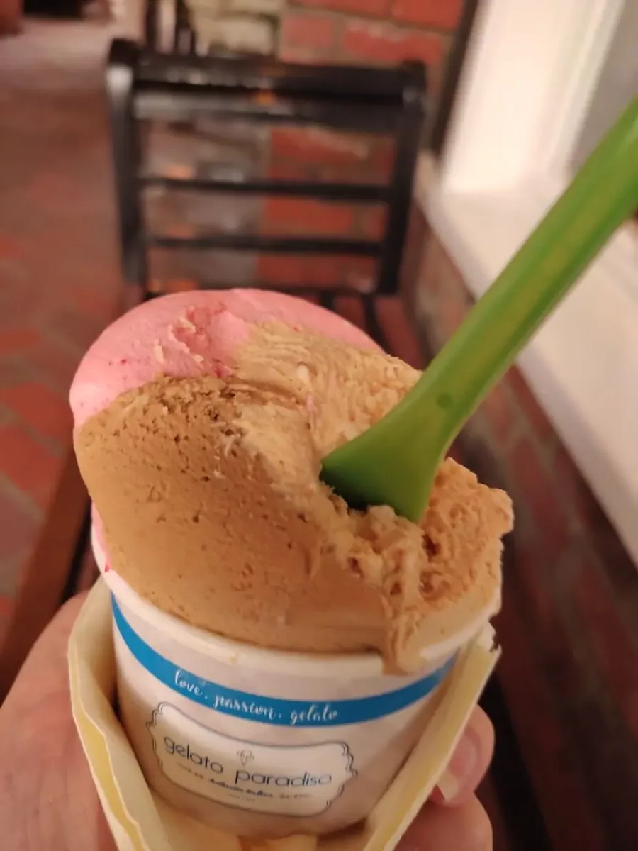 Hand holding a small tub from gelato paradiso with three different ice cream flavors