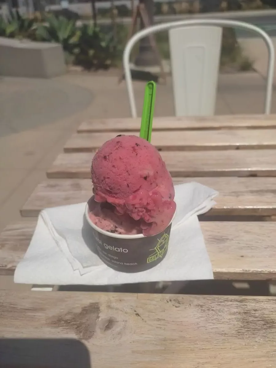 Small tub with two different pink ice creams from 101 gelato in Solana Beach