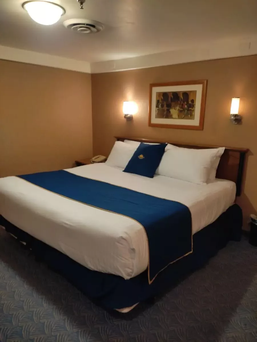 Interior cabin on Queen Mary with patterned blue carpet, brown walls, a large bed with royal blue pillow and decoration