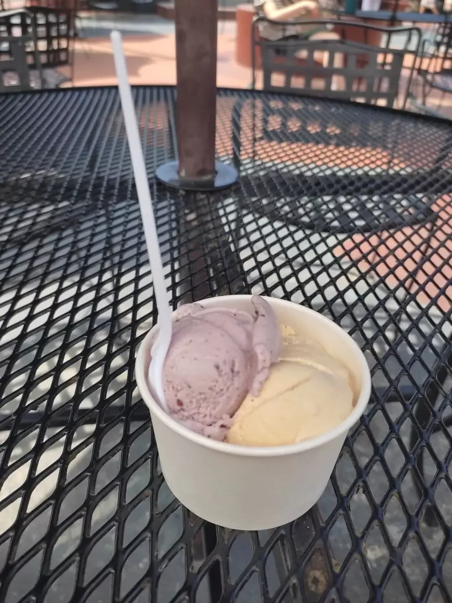 Small tub with two different ice cream flavors - pink and pale yellow - on a garden table