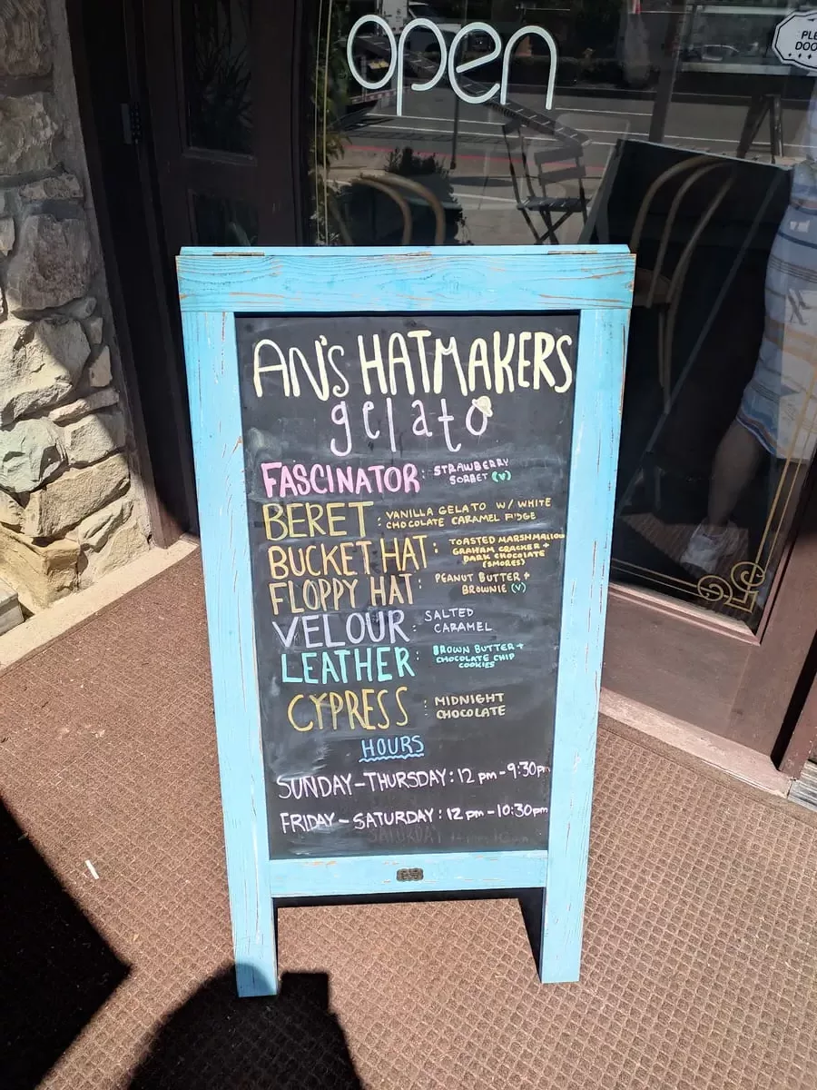 Board with flavor menu for An's Hatmakers ice cream in Del Mar