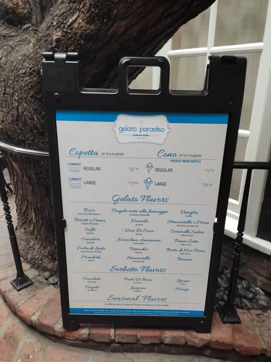 Board with gelato prices and flavors for gelato paradiso in Laguna Beach