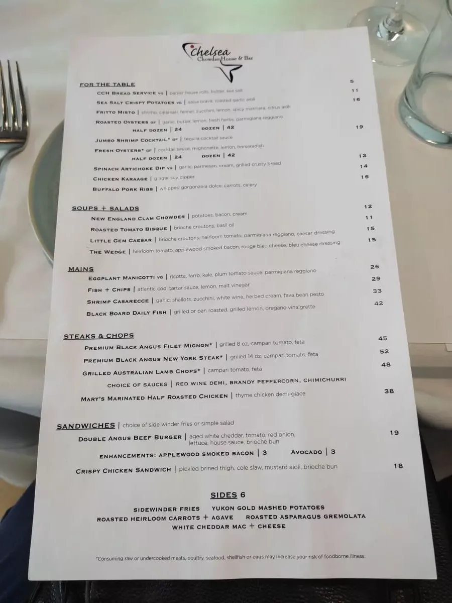 Menu of Chelsea Chowder House & Bar on Queen Mary