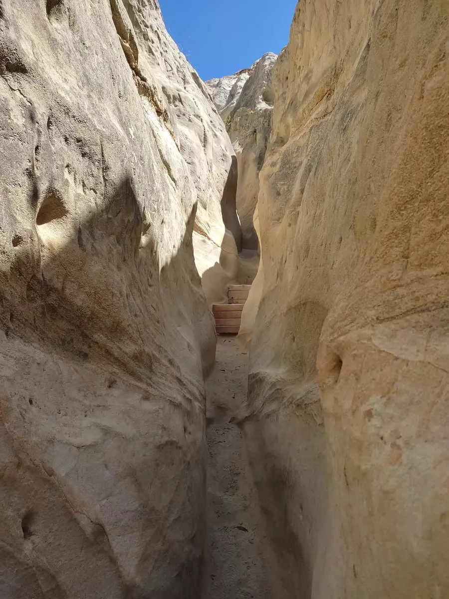 When the uphill path between the slot canyon's walls gets too steep there will be some high steps