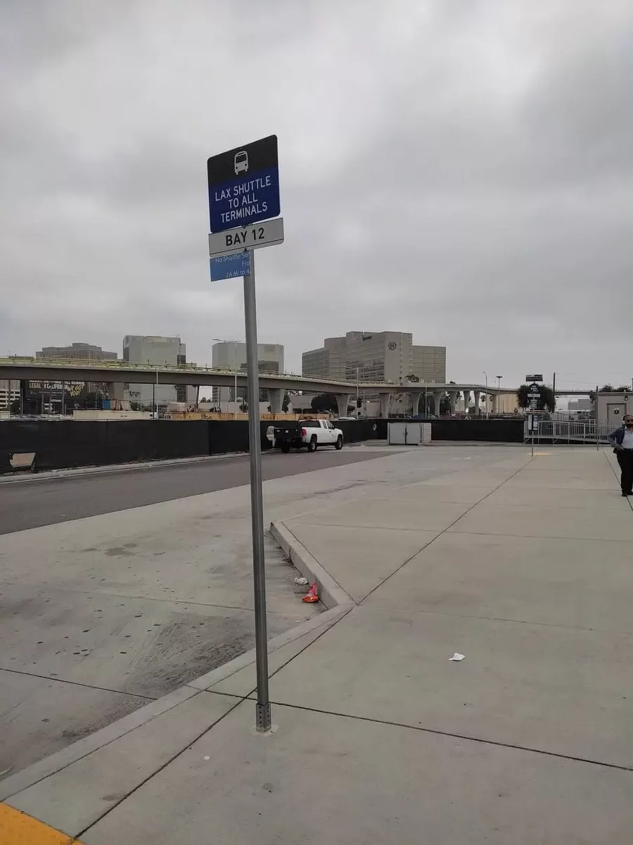 Bus Center near LAX to transfer from various public bus options to LAX shuttle. Signs clearly state at which bay the different buses stop