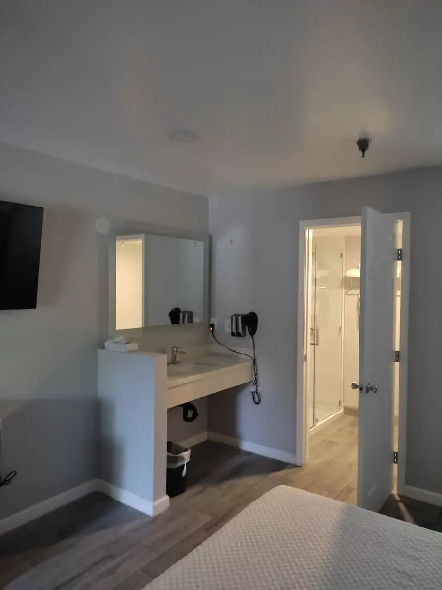 Sink area with hair dryer in bedroom, next to bathroom door