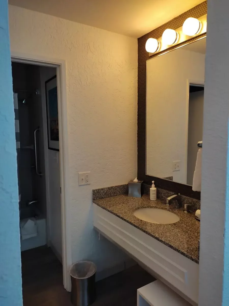 Sink with large mirror in a small area between bedroom and actual bathroom