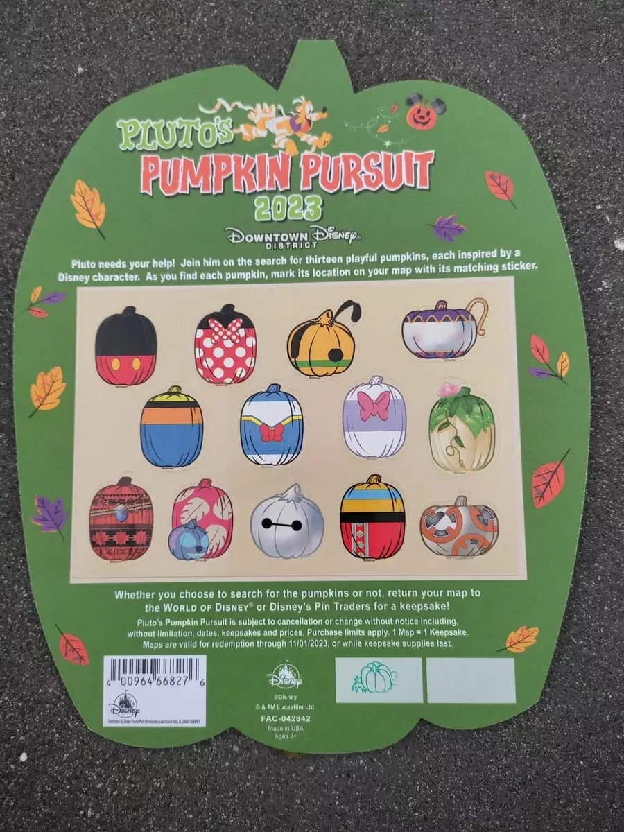 Back of Pluto's Pumpkin Pursuit Card: Pumpkin shaped cardboard with instructions and 13 small stickers featuring differently styled pumpkins