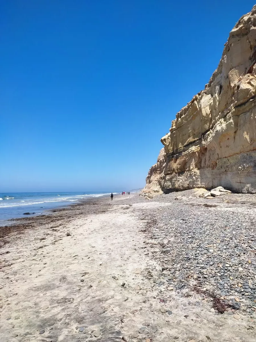 Ocean, empty beach, and high cliffs