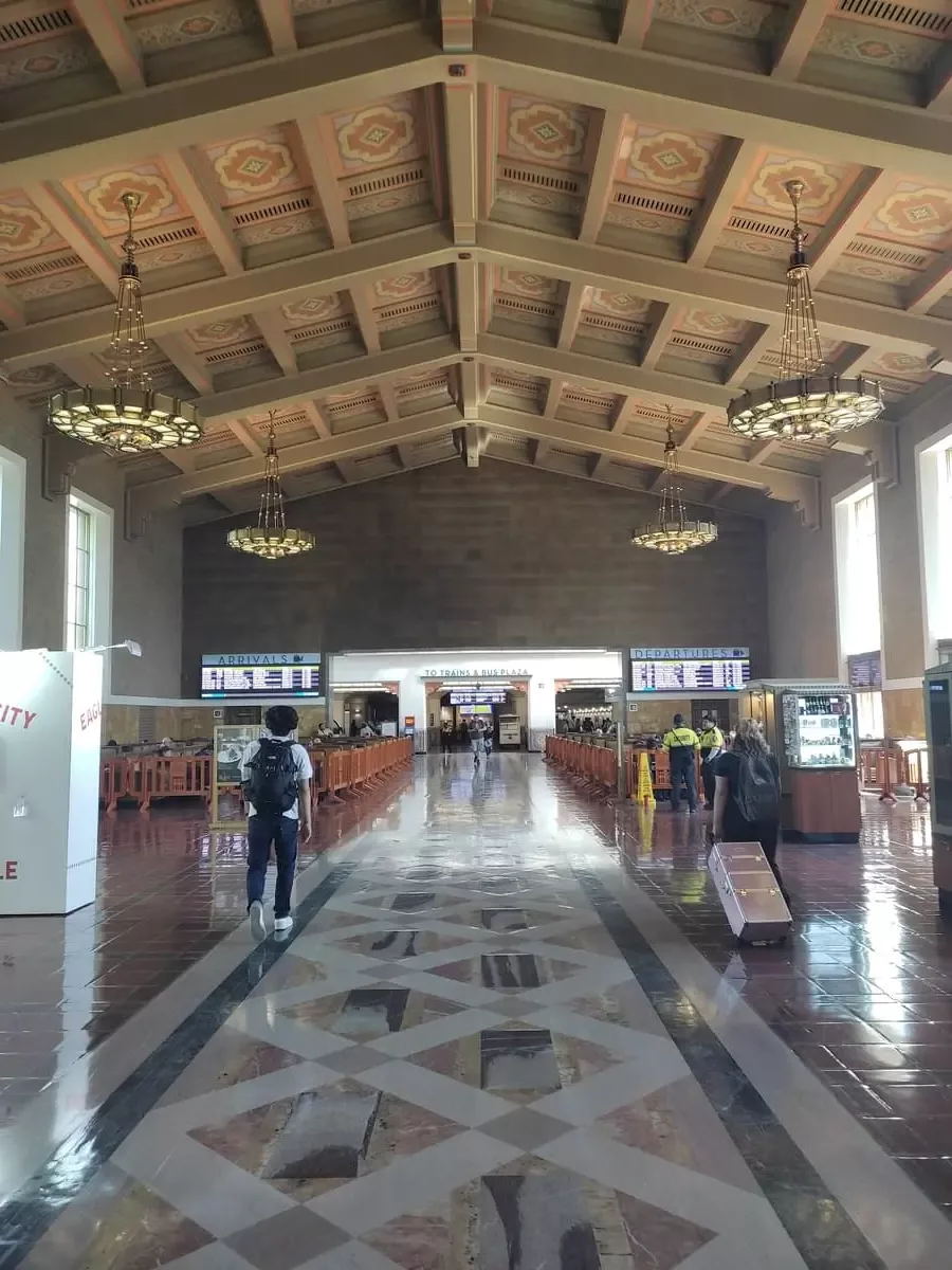 With its shiny floor, leather seats and panelled ceiling the interior of Union Station in Downtown Los Angeles is reminiscent of first class travel of the past