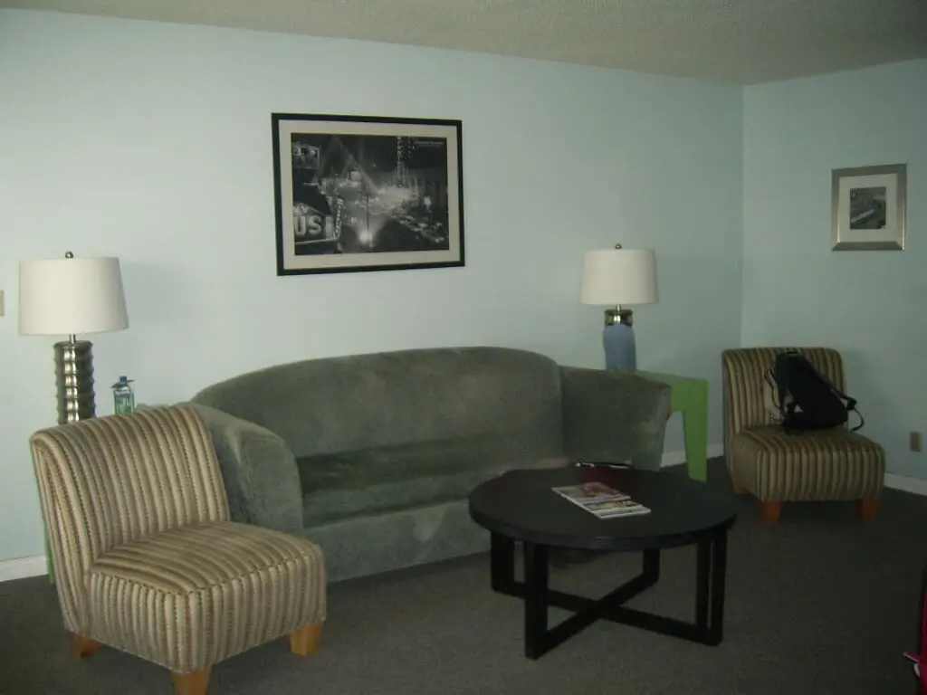 Living area with pull-out couch, two chairs and small tables