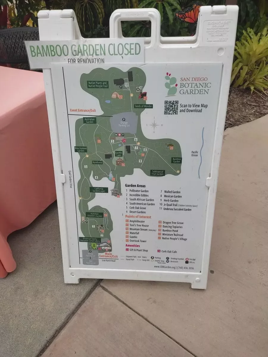 Outdoor sign with map of the San Diego Botanic Garden in Encinitas