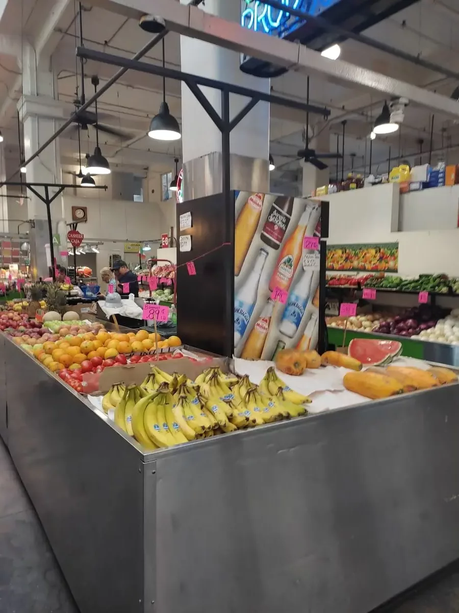 Stall selling fresh fruit and vegetables at Grand Central Market in Downtown LA