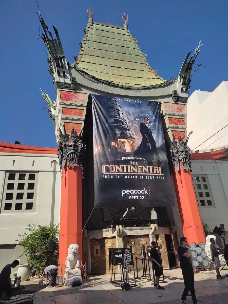 Access to the Chinese Theater courtyard is restricted during set-up of a movie premiere.