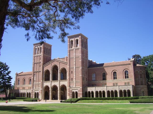Red brick building with manicured lawn at UCLA