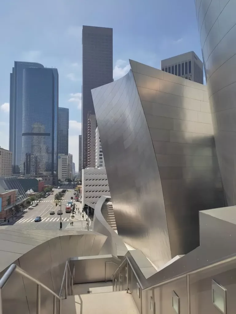 Skyscrapers in downtown Los Angeles seen from Disney Concert Hall on a sunny day