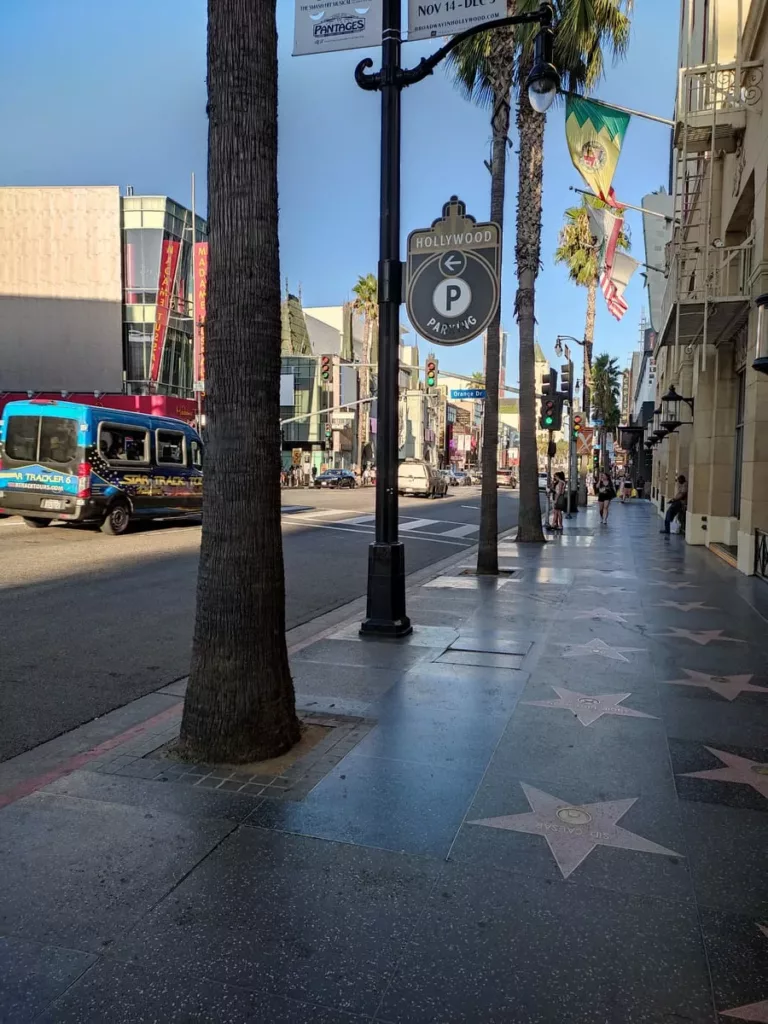 Early in the morning the Walk of Fame in Hollywood is still fairly empty of tourists and vehicles. A great chance to take pictures or have a closer look at the engraved stars.