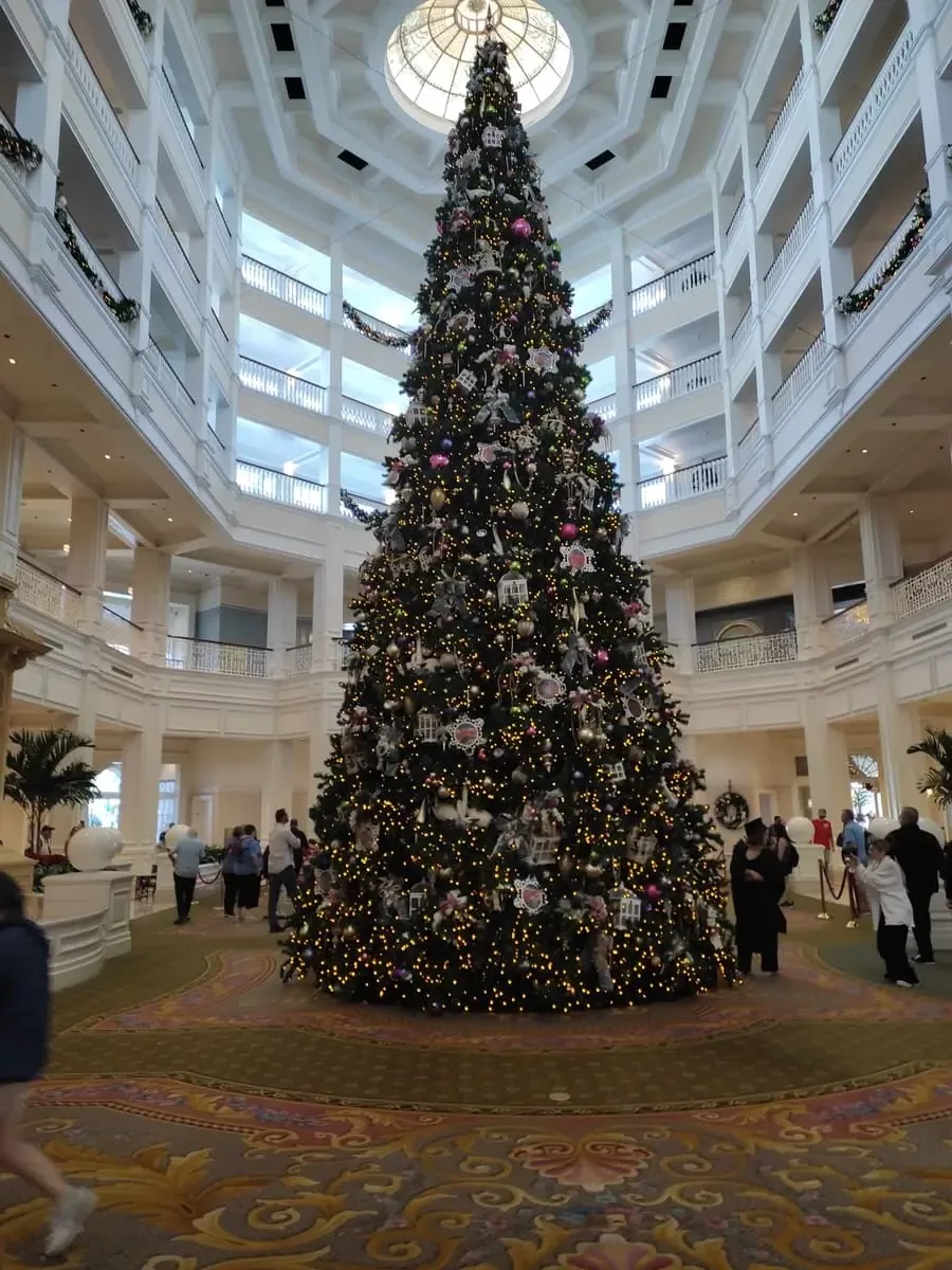 Huge Christmas Tree in lobby of Disney's Grand Floridian Resort themed to 12 days of Christmas