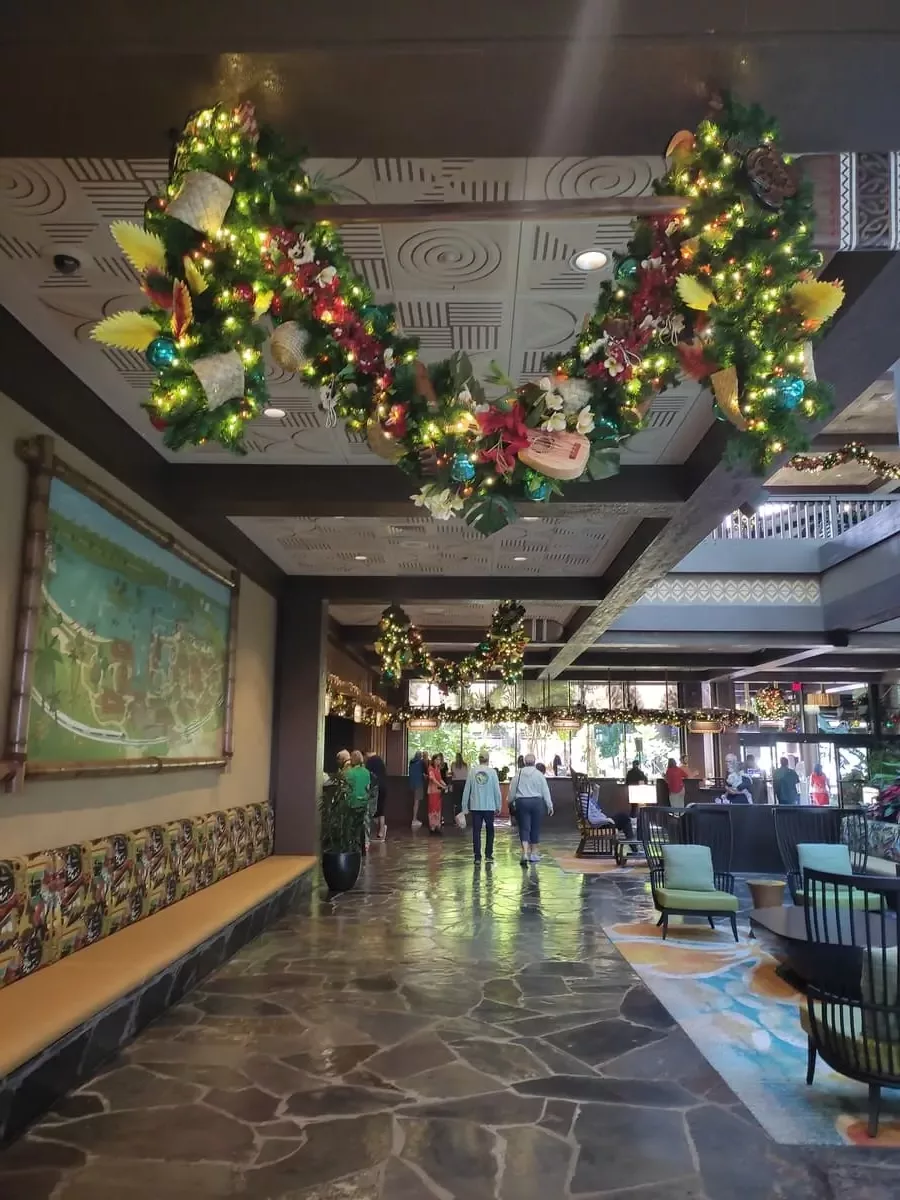 Lobby of Polynesian Resort with South-sea themed Christmas decorations