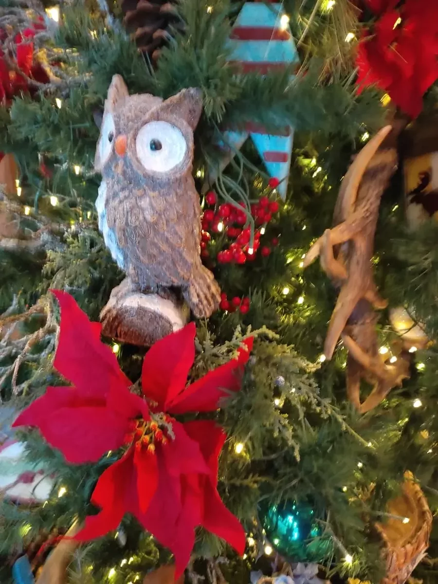 Close-up of Christmas tree decorations with colors mainly red and brown. There is a large red flower and a small wooden owl.
