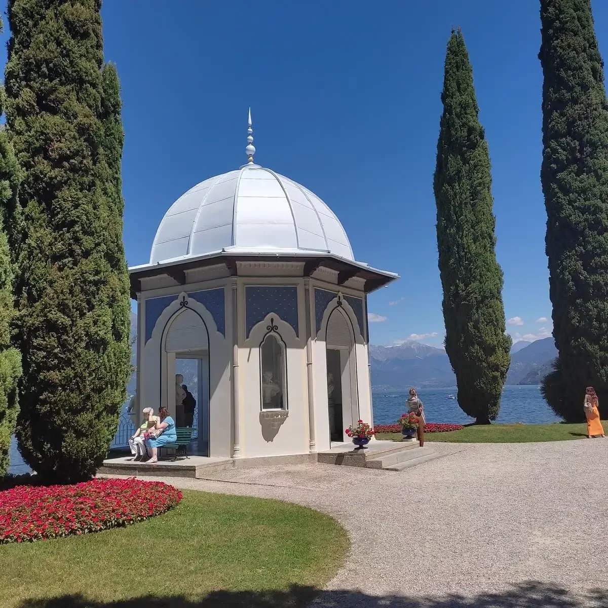 Moorish Pavilion of Melzi Gardens in Bellagio, Lake Como, with view of lake and mountains