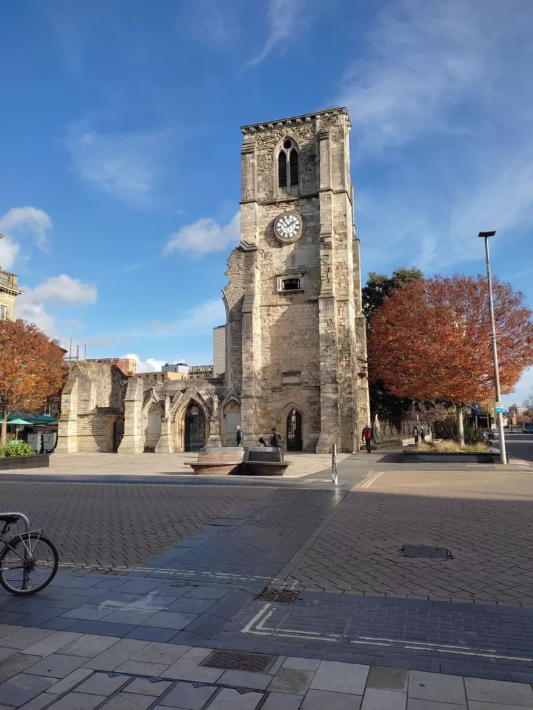 Norman tower and ruins of Holyrood Church in Southampton on a sunny autumn day
