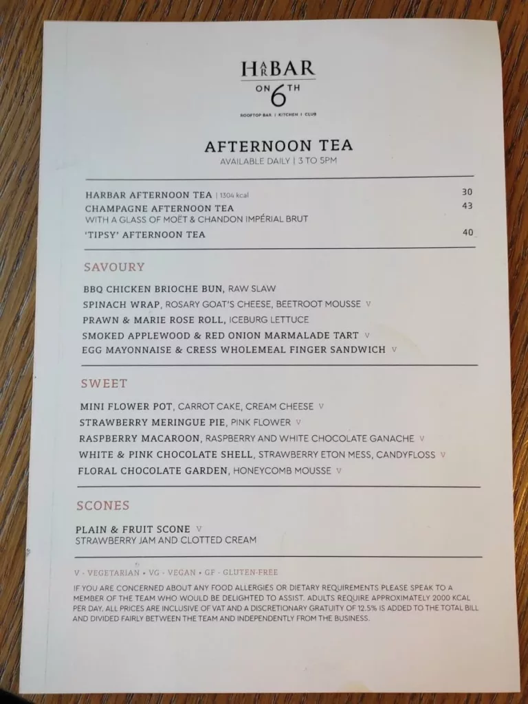 Afternoon Tea menu at HarBar on 6th
