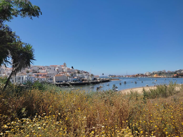 Town of Ferragudo on the left and Portimao on the right. NCL Dawn anchored in the distance.