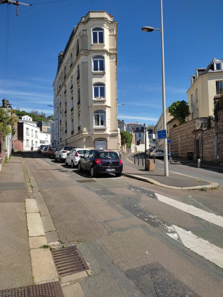 Steep street with interesting narrow house