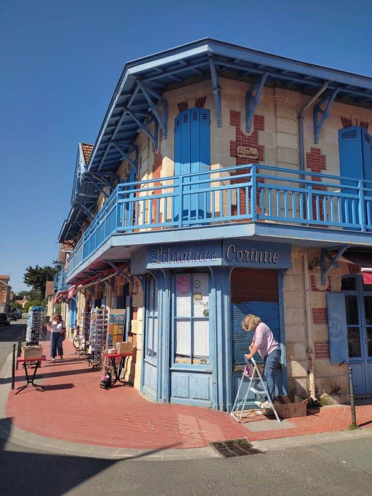 Bookstore with bright blue trim