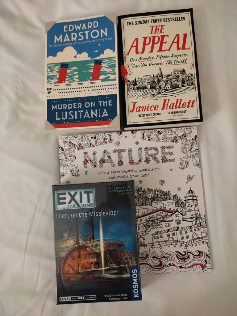 2 murder mysteries, an exit game and a coloring book