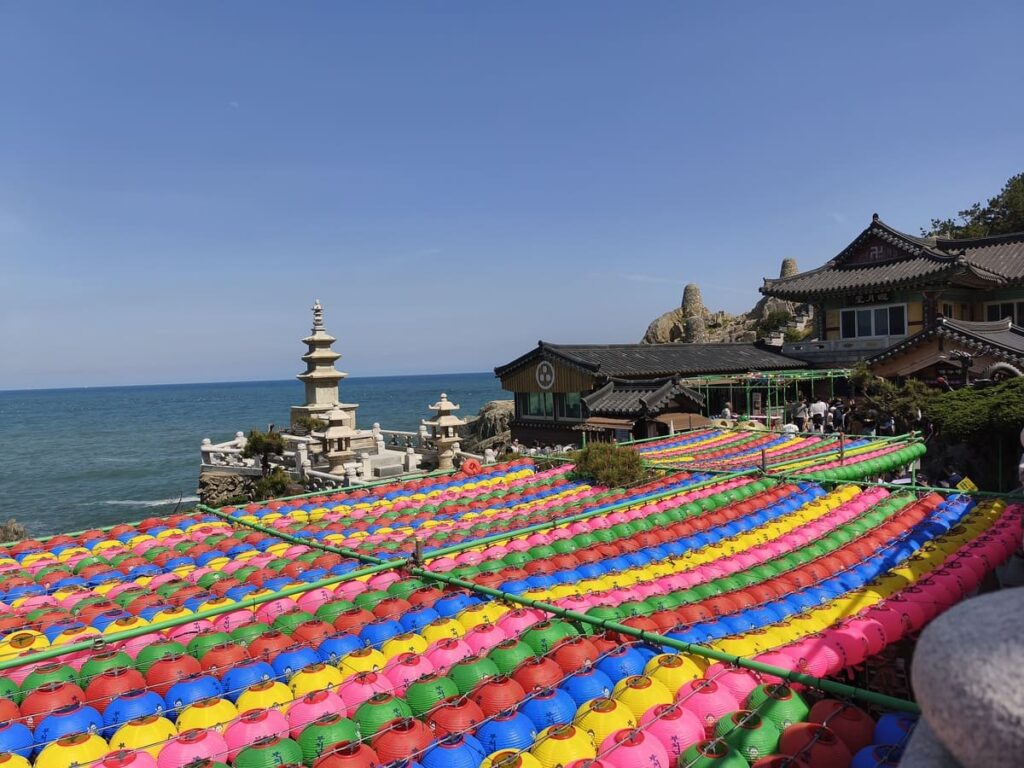 Sea temple with colorful lanterns