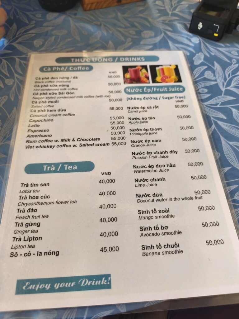 Drink menu at My Son with prices