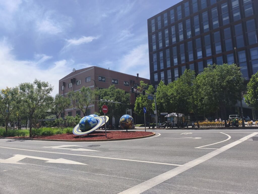 Street with planet decorations at Shougang Park